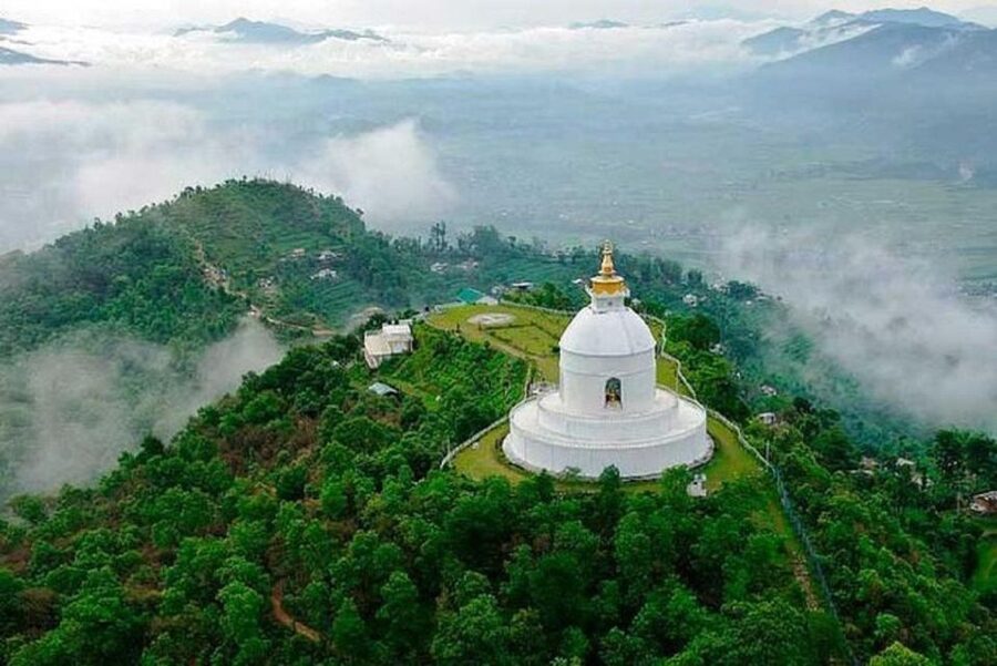 Pokhara: Pagoda, Waterfall & Cave – Private Short Trip - World Peace Pagoda and the view across Phewa Lake